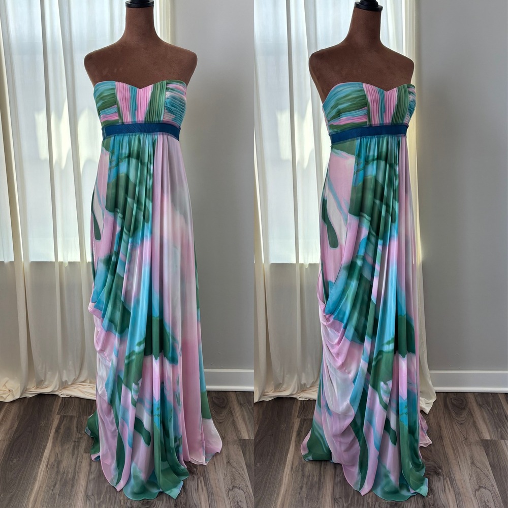 Vintage BCBG Max Azria 100% Silk Formal Gown Watercolor Y2K Fairy Glam Mermaid